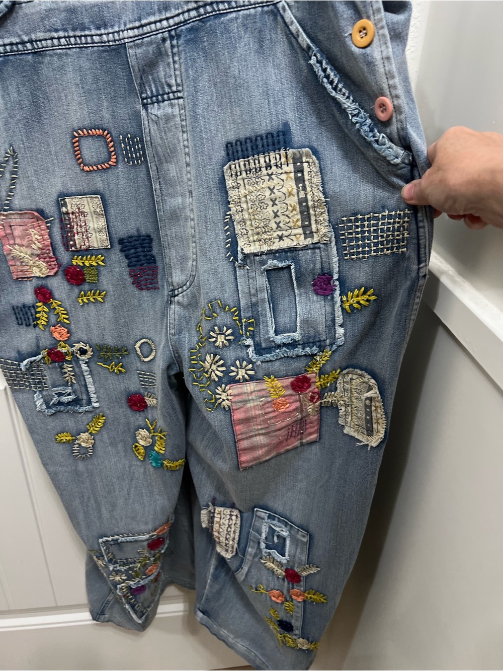 Blue Velvet Fun and Funky Overalls with Colorful Embroidery and Patchwork. - Picture 6 of 10